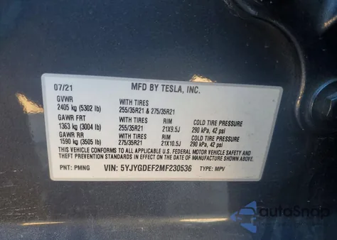2021 Tesla Model Y z USA, uszkodzony, nr VIN 5YJYGDEF2MF230536